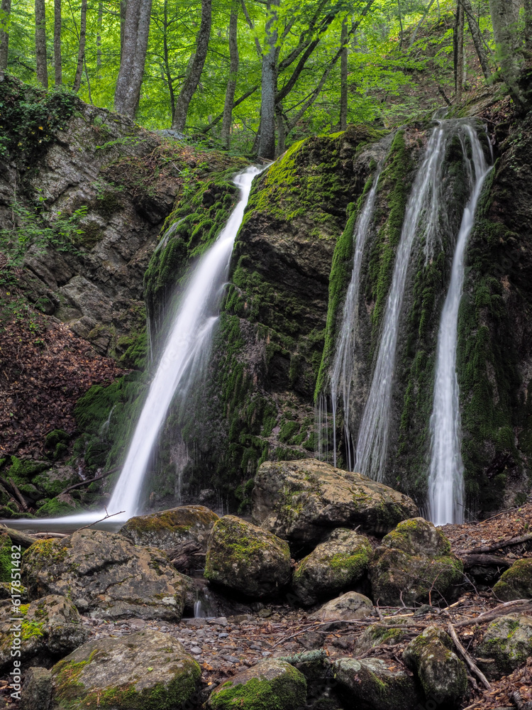 waterfall at the spring misty forest