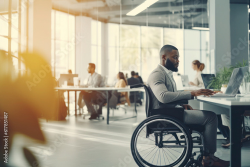 Disabled man in wheelchair is working in office, generative AI