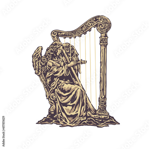 Elegantly angel played a harp with a vintage style illustration