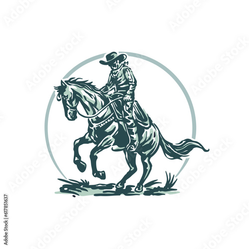 A vintage cool cowboy riding a horse