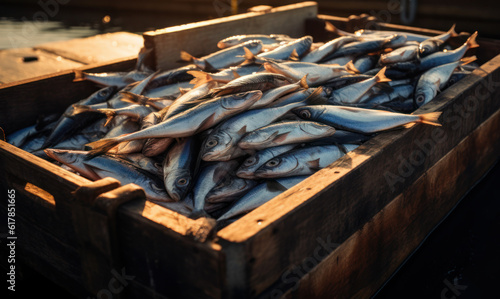 crate of fresh fish on port or ship