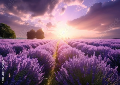 Purple Paradise  An Enchanting Field of Lavender Delights. Digital Illustration. Generative ai.