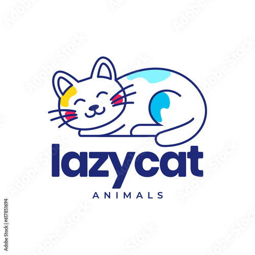 cat kitten pets sleep lazy line art modern abstract colorful mascot cartoon logo vector icon illustration