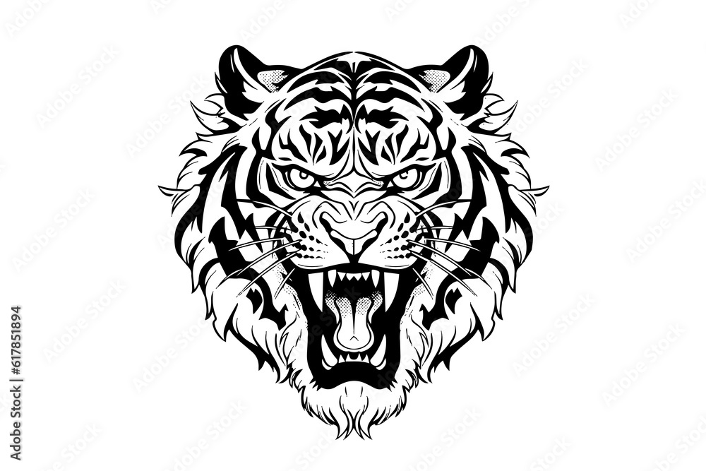 Tiger mascot sport or tattoo design. Black and white vector illustration logotype sign art