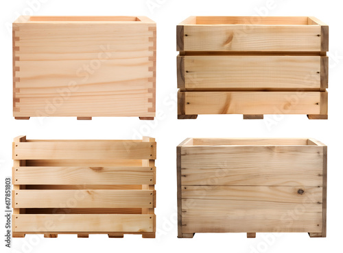 Fototapeta Naklejka Na Ścianę i Meble -  Empty wooden wood crate box on transparent background cutout, PNG file. Mockup template for artwork design. Many assorted different range types