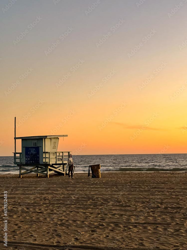 A California Life Guard shack at Sunset on the beach in Santa Monica California USA A California Life Guard shack at Sunset on the beach in Santa Monica California USA