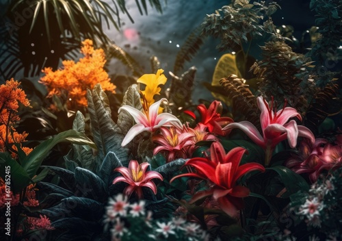 Vibrant Jungle Flowers. Digital Illustration. Generative ai.