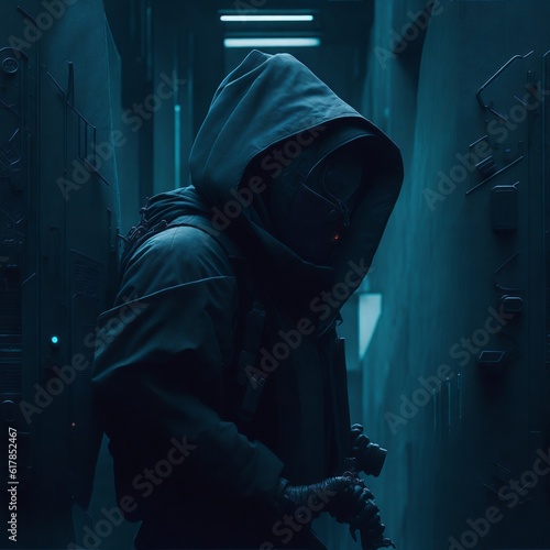 hooded hacker working on a laptop, virtual, code, malware, robbery, security system, laptop, phishing, spam, criminal, spy, protection, stealing, software, programmer, illegal, privacy, online, hack