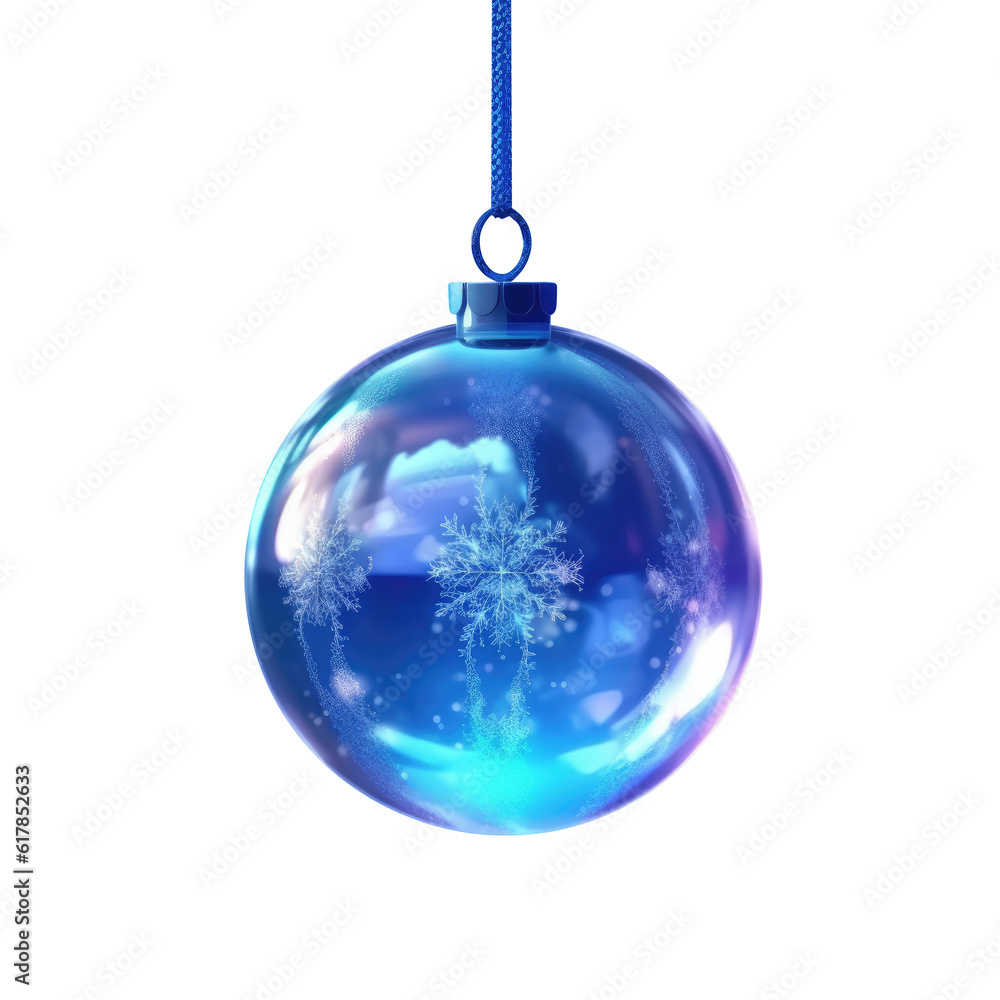 glass blue Christmas ball with bow on white background. Generative AI glass blue Christmas ball with bow on white background. Generative AI