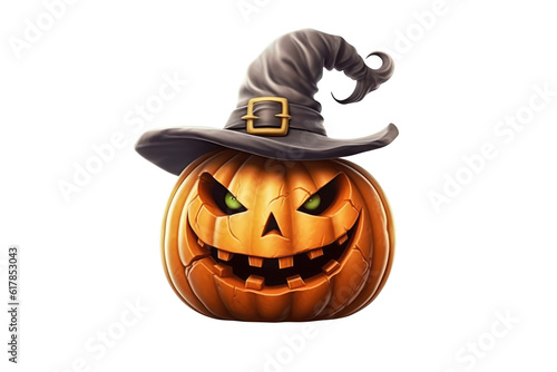 Halloween pumpkin wearing witch hat isolated. Generative AI