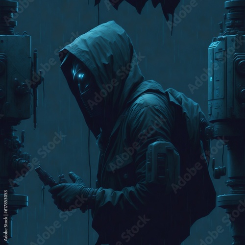 hooded hacker working on a laptop, virtual, code, malware, robbery, security system, laptop, phishing, spam, criminal, spy, protection, stealing, software, programmer, illegal, privacy, online, hack © Vlad
