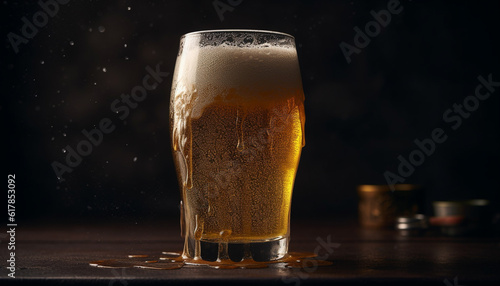 A frothy drop of beer in a wet drinking glass generated by AI
