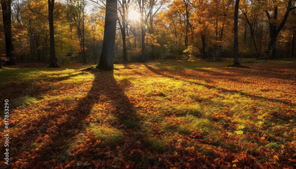 Fototapeta premium Vibrant autumn landscape, tranquil forest meadow, vanishing sunlight beauty generated by AI