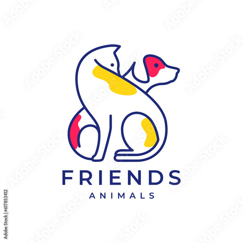cat and dog pets friends line art abstract colorful modern minimal logo vector icon illustration