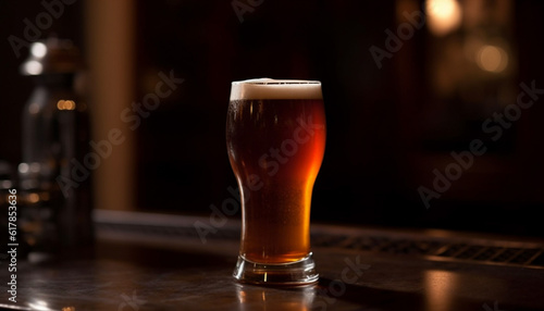 Frothy beer in pint glass on wooden bar counter at pub generated by AI