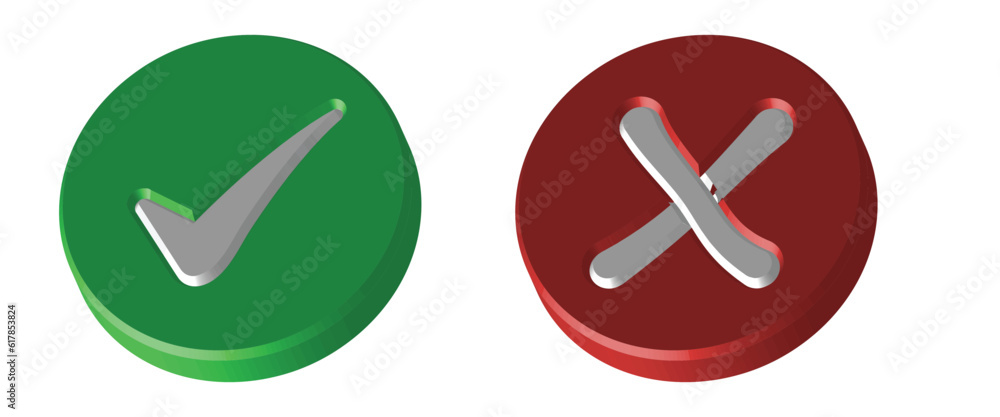 Realistic 3D Green Right Check Mark Icon, Wrong Checkmark Icon, Glossy And Shiny Tickmark Icon And Cross Mark Icon, Green And Red Realistic Checkmark With Correct & Wrong Or X Mark Vector Illustration