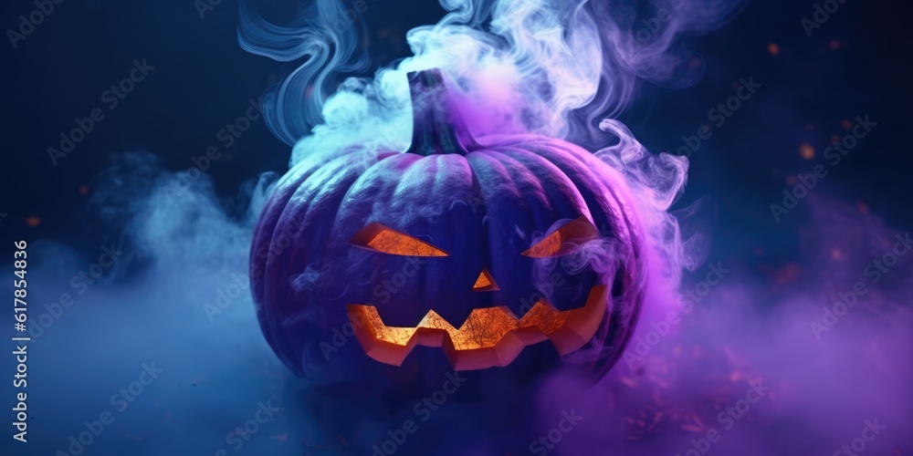 Fototapeta premium Halloween concept - pumpkin with a scary luminous face in smoke and neon light background, dark, Copy space, generative ai