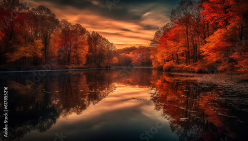 Tranquil autumn forest reflects vibrant sunset colors in natural beauty generated by AI