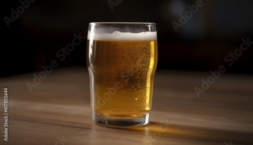 Foamy beer in a pint glass on a wooden table generated by AI