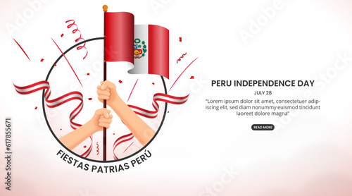 Fiestas Patrias Perú or national holiday Peru with hands holding a flag