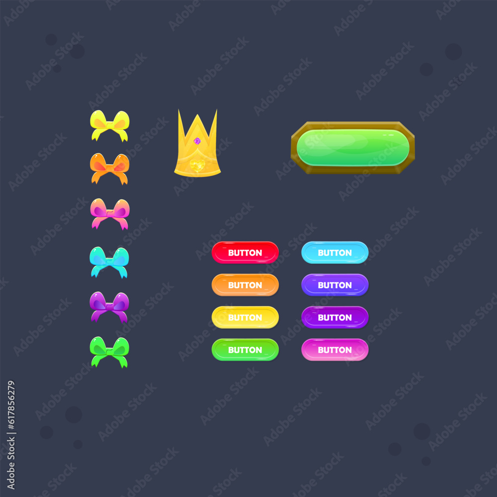 Game Ui Set Bows Crown Wooden Button And Oval Buttons Cute Colorful Cartoon Vector Design Game Ui Set Bows Crown Wooden Button And Oval Buttons Cute Colorful Cartoon Vector Design