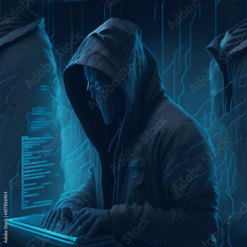 hooded hacker working on a laptop, virtual, code, malware, robbery, security system, laptop, phishing, spam, criminal, spy, protection, stealing, software, programmer, illegal, privacy, online, hack