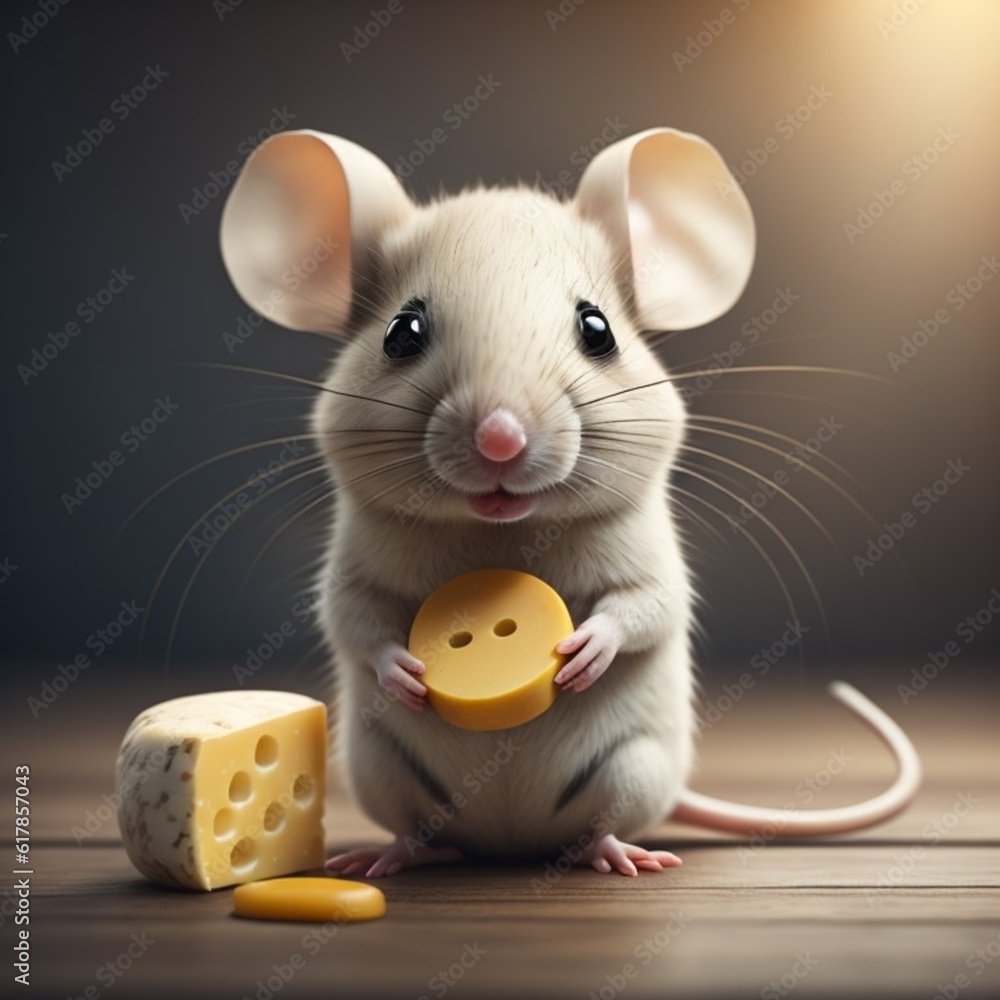 Fototapeta premium Little white mouse eating a cheese, generative ai
