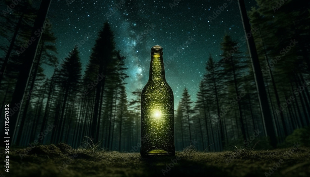 Spooky forest adventure drink mystery liquid under moonlight camping generated by AI