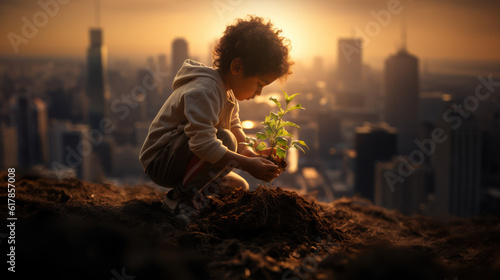 young boy plants a tree against an urban background - ai generative photo