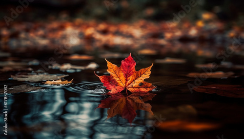 Vibrant autumn colors reflect on tranquil water surface in forest pond generated by AI
