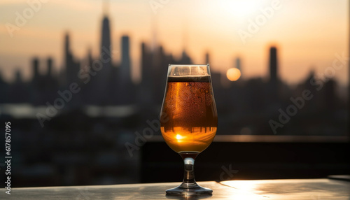 Sunset cityscape, back lit skyscrapers, beer glass on table outdoors generated by AI