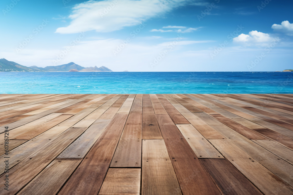Wooden board empty table in front of blue sea & sky background. perspective wood floor over sea and sky photography