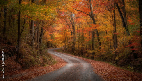Vibrant autumn colors on winding rural road through forest wilderness generated by AI photo