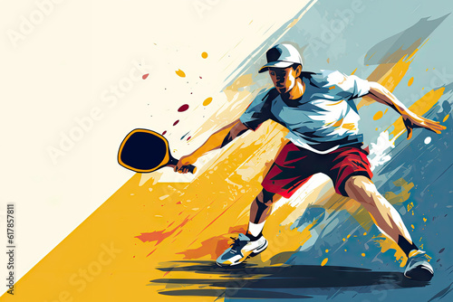 Male pickelball player illustration reaches for the ball. Colored background - Generative AI
