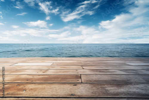 Wooden board empty table in front of blue sea   sky background. perspective wood floor over sea and sky photography