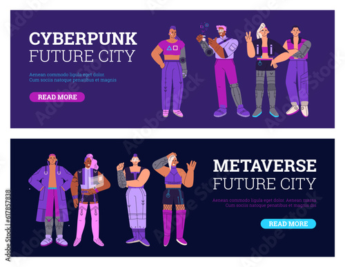 Vector cartoon posters set with cyberpunk robotic people from future metaverse city, cyborg human with bionic prostheses