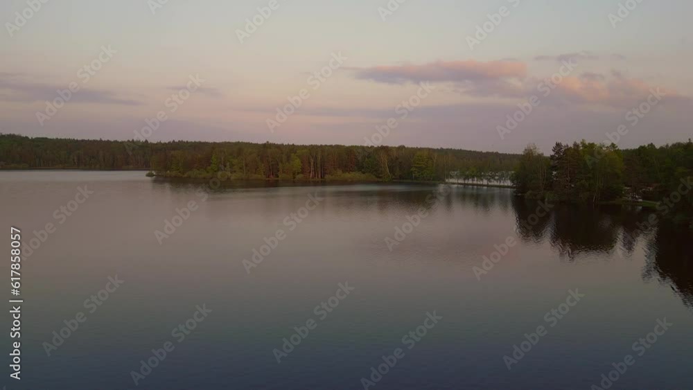 evening sunset village Stankov at potok lake Lovely aerial top view flight drone evening sunset village Stankov at potok lake Lovely aerial top view flight drone