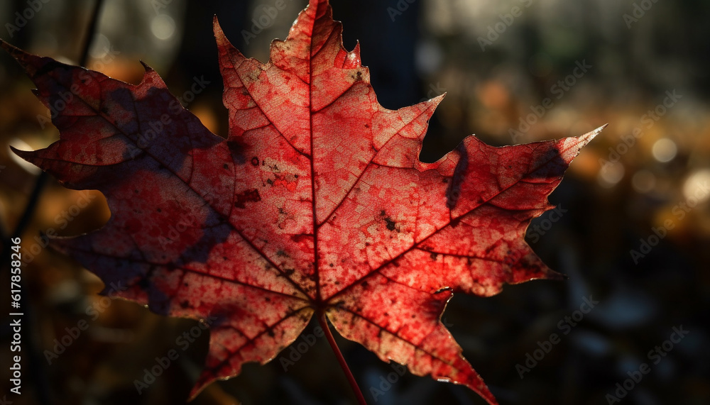 Vibrant autumn maple leaf, close up on leaf vein, multi colored beauty generated by AI Vibrant autumn maple leaf, close up on leaf vein, multi colored beauty generated by AI