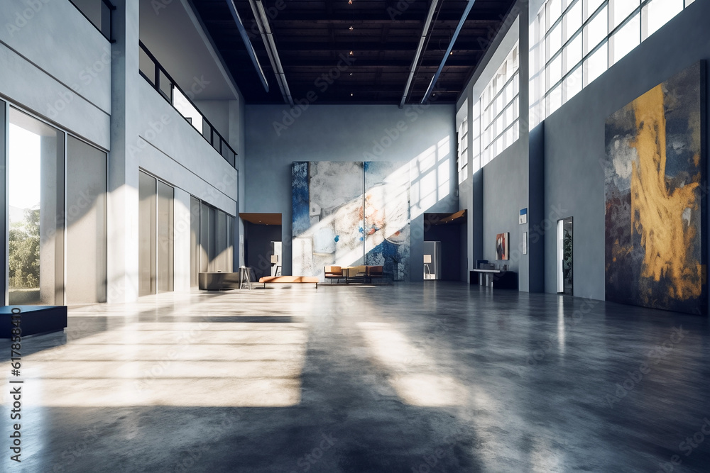 Interior of modern gallery with white walls, concrete floor and large ...