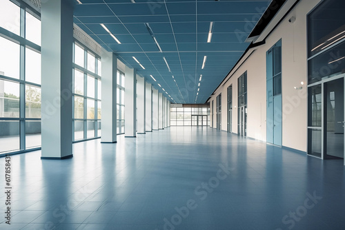 Interior of an empty modern exhibition building. Generative AI