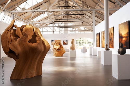 Modern art gallery interior with wooden sculptures. Spacious exhibition room. Generative AI