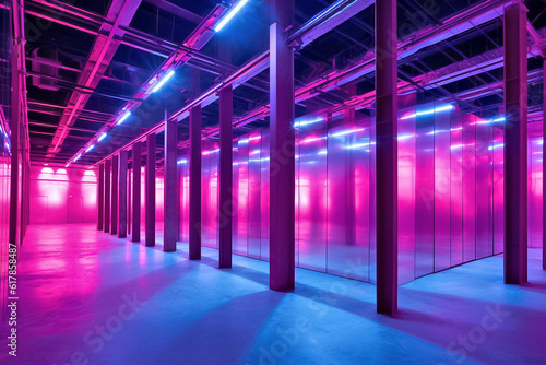 Modern large exhibition hall  empty futuristic room with glowing neon lights  cyberpunk interior. Generative AI