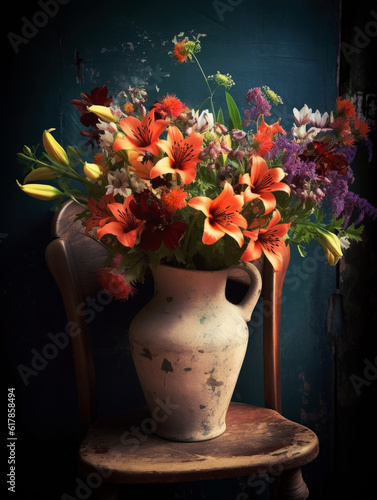 Romantic bouquet of spring flowers in an old clay vase. AI generated