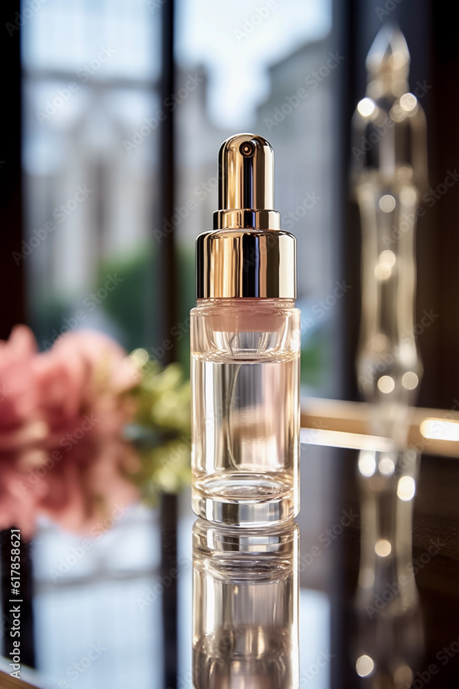 Glamour shot of serum bottle on the table, space for text, blurred background, close-up. Generative AI Glamour shot of serum bottle on the table, space for text, blurred background, close-up. Generative AI