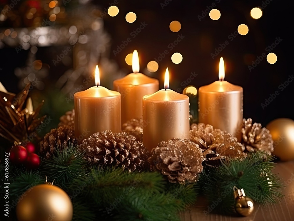 Four golden Advent candles within lush evergreen branches. Christmas time, Advent season. Flickering flames cast soft, inviting glow, illuminating scene with sense of hope and joy. AI generated Four golden Advent candles within lush evergreen branches. Christmas time, Advent season. Flickering flames cast soft, inviting glow, illuminating scene with sense of hope and joy. AI generated