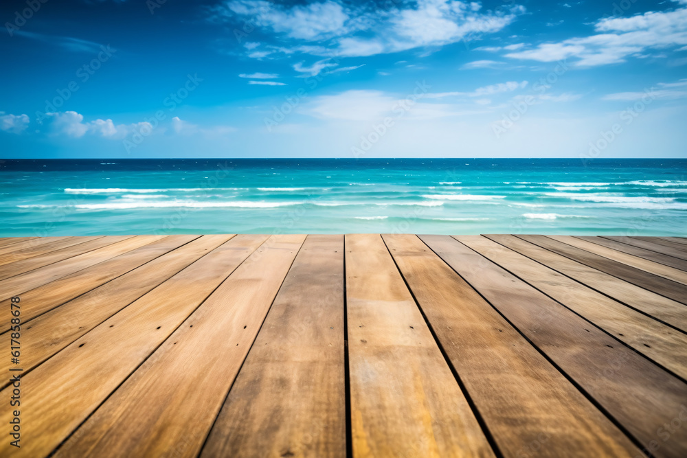 Wooden board empty table in front of blue sea & sky background. perspective wood floor over sea and sky photography