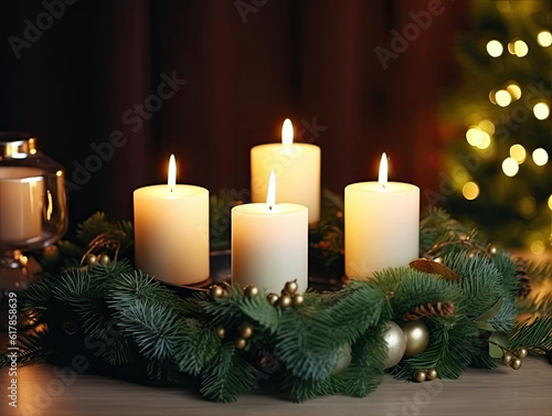 Four white Advent candles within lush evergreen branches. Christmas time  Advent season. Flickering flames cast soft  inviting glow  illuminating scene with sense of hope and joy. AI generated