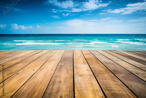 Wooden board empty table in front of blue sea   sky background. perspective wood floor over sea and sky photography