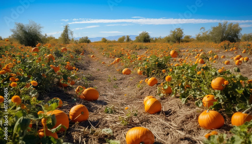Ripe pumpkin harvest in vibrant autumn farm landscape decoration generated by AI