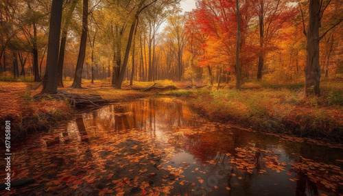 Tranquil autumn forest reflects vibrant beauty of nature colors generated by AI